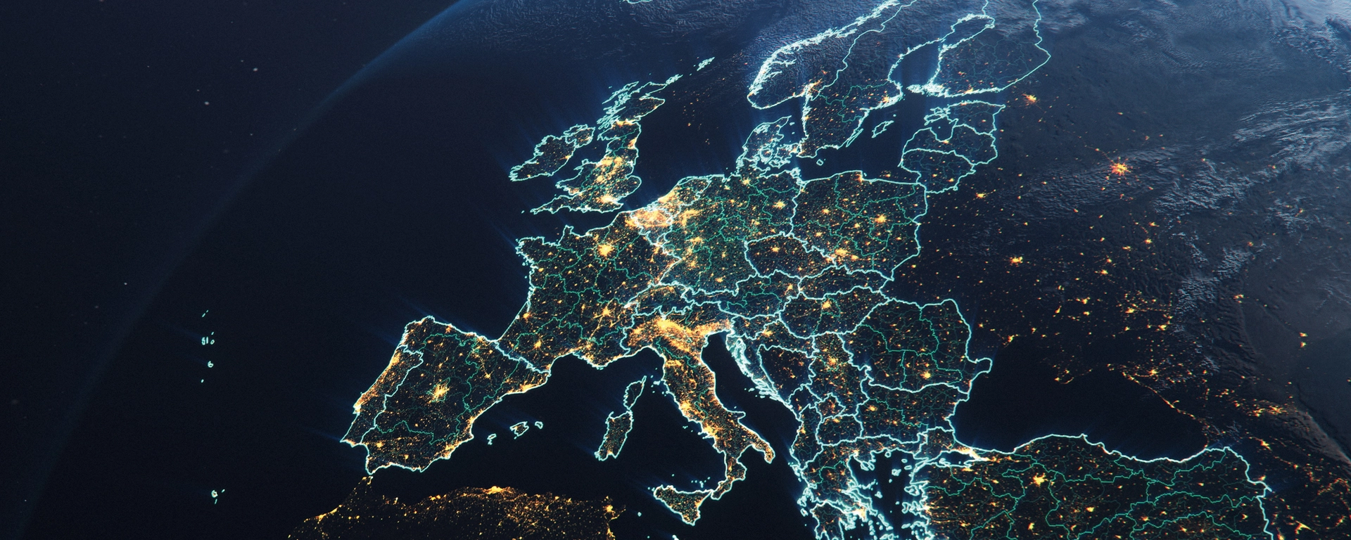 Europe at night from space with patches of light at the metropolitan areas