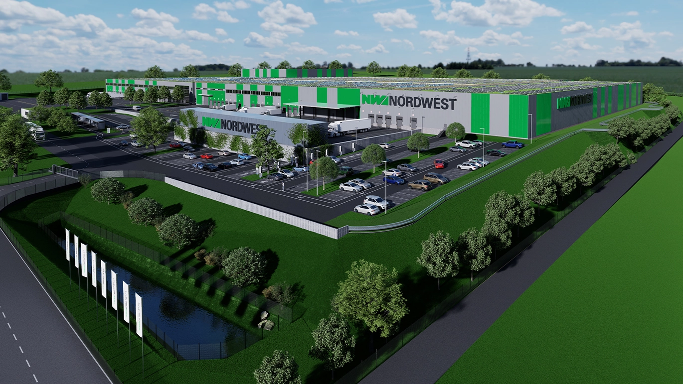 Een 3D-afbeelding laat zien hoe het toekomstige nieuwe centrale magazijn van NORDWEST in Alsfeld, Hessen, eruit zal zien.