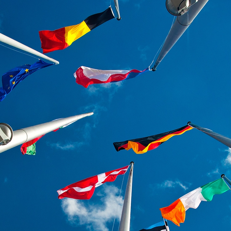 European flags against a blue sky