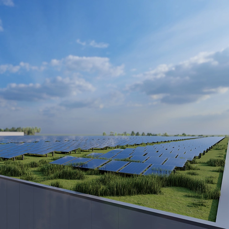 3D visualisation of the PV system on the roof of the new NORDWEST warehouse in Alsfeld