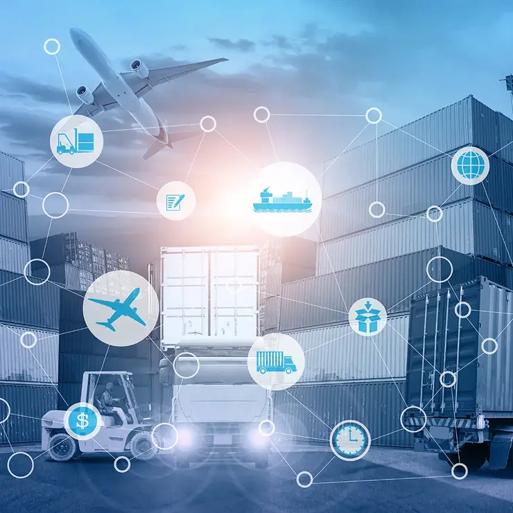 Visualisation of a supply chain with icons and transport goods in the background