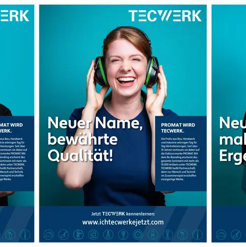 A selection of TECWERK ads with the new campaign faces. 