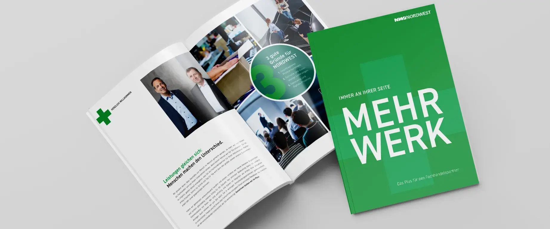 Mockup graphic of the MehrWerk brochure for specialised trade partners