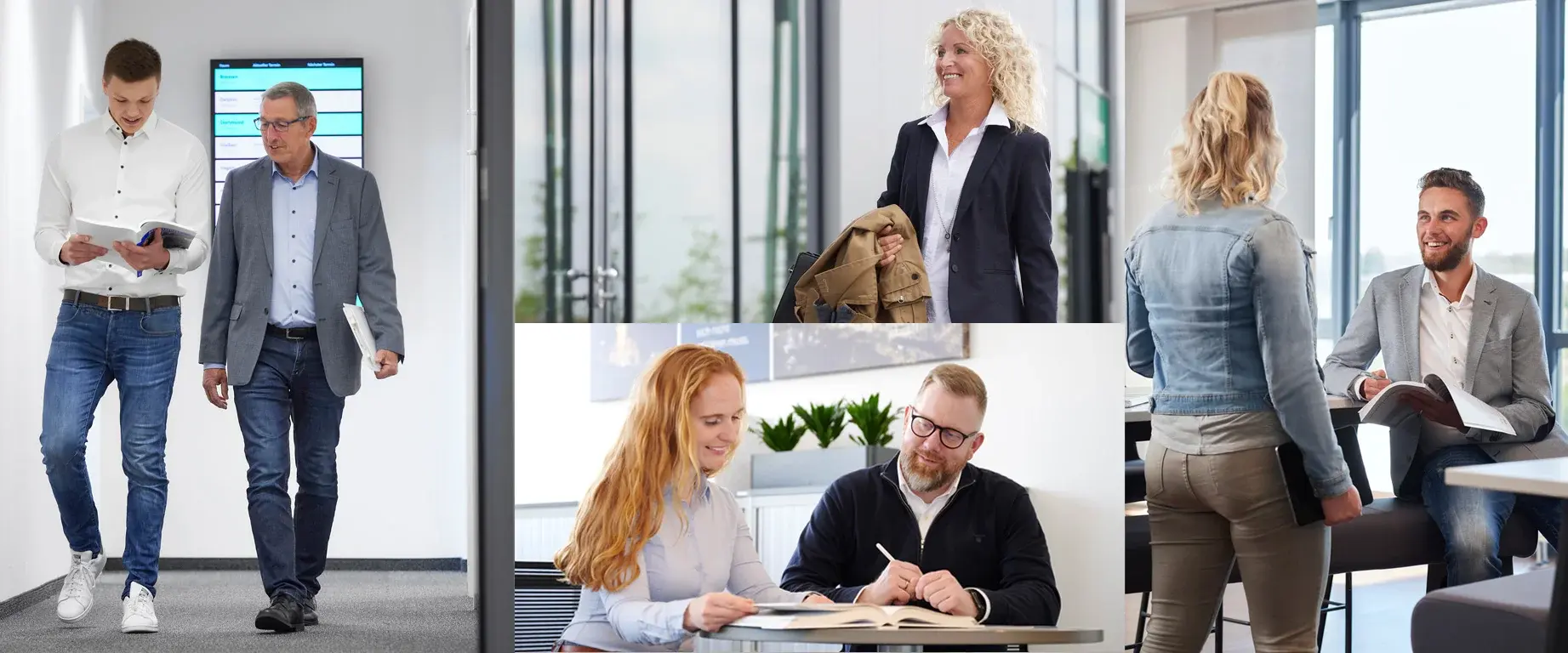 Collage met medewerkers van NORDWEST Handel AG uit de productsegmenten staal, bouw, vakbedrijven, industrie en huishoudelijke systemen