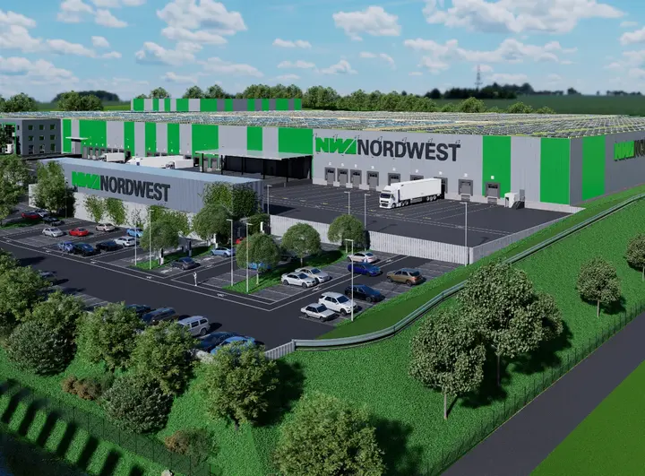 Eine Grafik zeigt, wie das zukünftige neue Zentrallager von NORDWEST im hessischen Alsfeld aussehen soll.